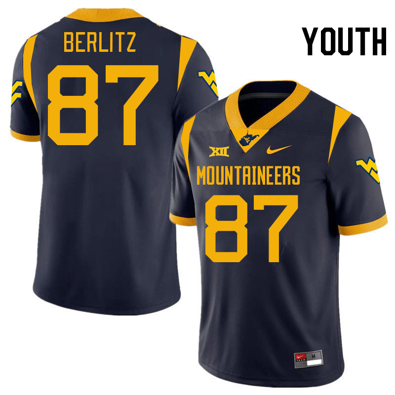 Youth #87 Derek Berlitz West Virginia Mountaineers College 2024 New Uniforms Football Jerseys Stitch